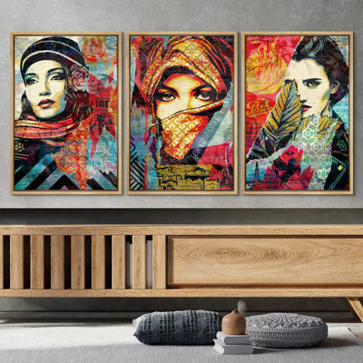 Pop Urban Street " Spray Paint Middle Eastern Women Graffiti & Street Art Colorful Modern Art Urban Portrait " 3 - Pieces