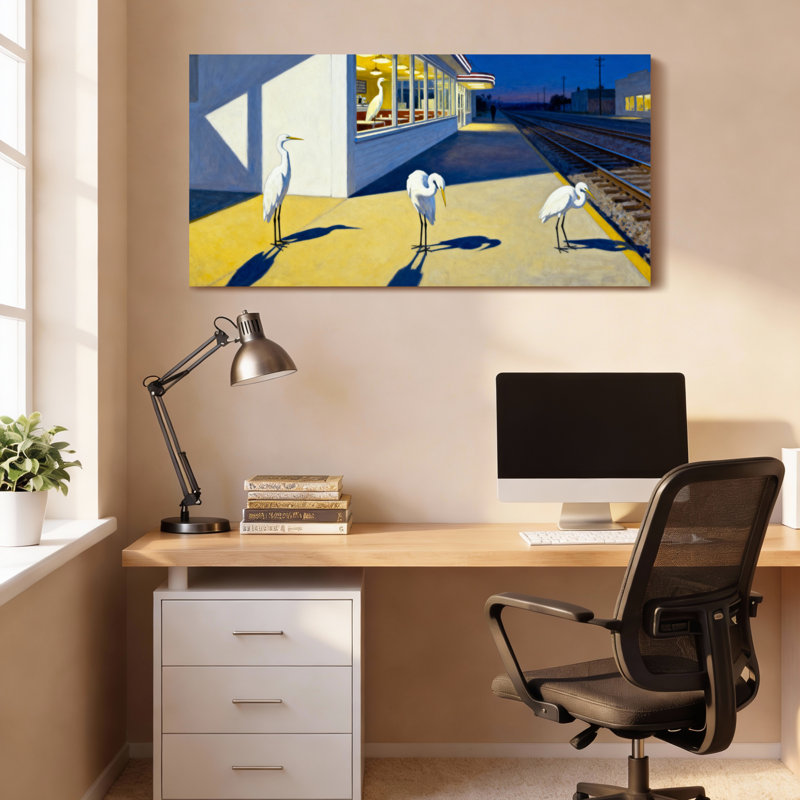 Ensemble de 1 tableau sur toile représentant des aigrettes à la gare, H 12 po x l 36 po
