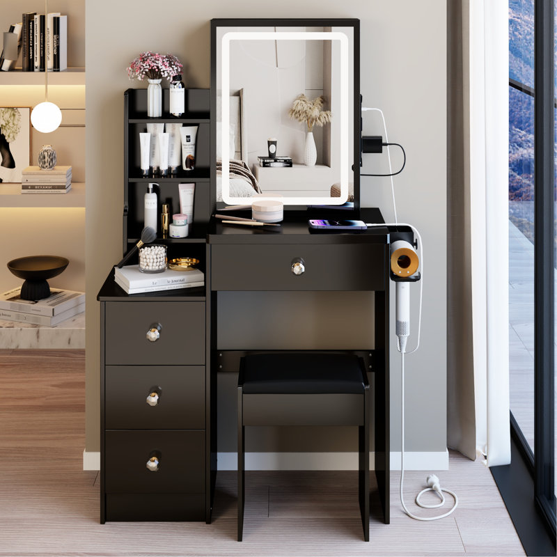 Ensemble de meuble-lavabo 29,2 po avec tabouret de chevet gauche, configuration 2 ac + 2, très grand miroir à DEL tactile avec fonction de réglage de la luminosité de l'interrupteur de couleur, pour un espace limité