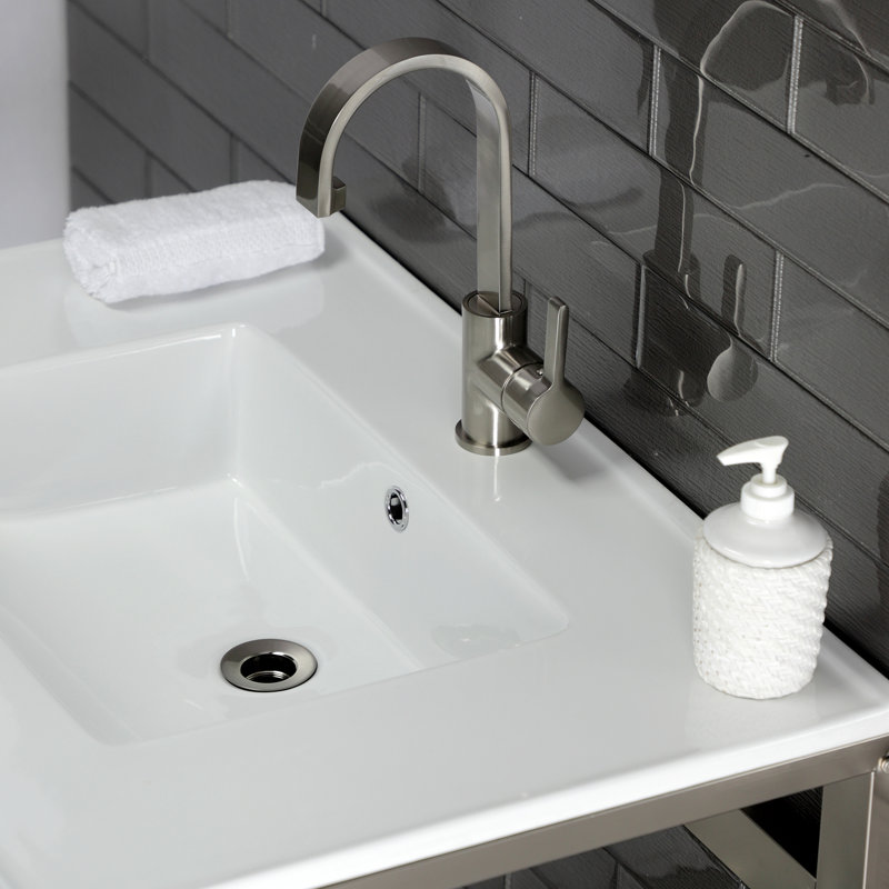 Kingston Brass Quadras 31-Inch Ceramic Console Sink with Steel Base and Shelf, White/Brushed Nickel, Single