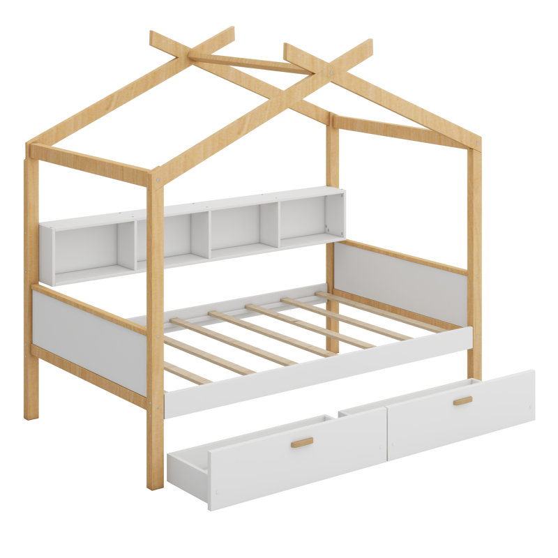 Un lit simple en bois avec une finition blanche et un cadre original de couleur bois