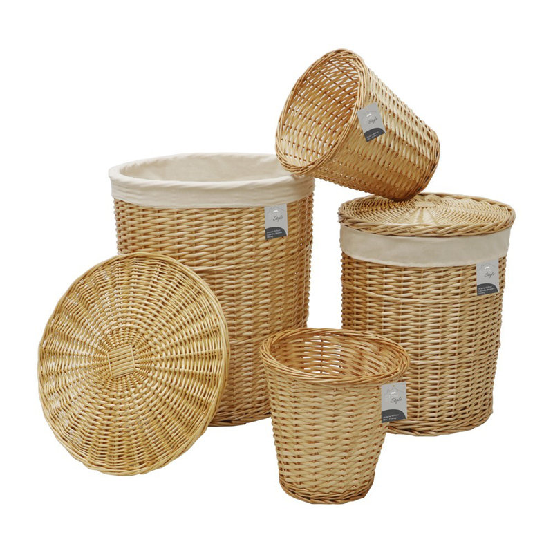 JVL Acacia S/4 Round Willow Linen Basket and Waste Paper Bins - Honey