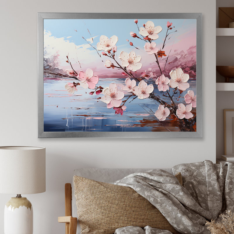 Fleur de pommier I sur toile, Cadre simple argenté, H 34 po x l 44 po x P 1,5 po