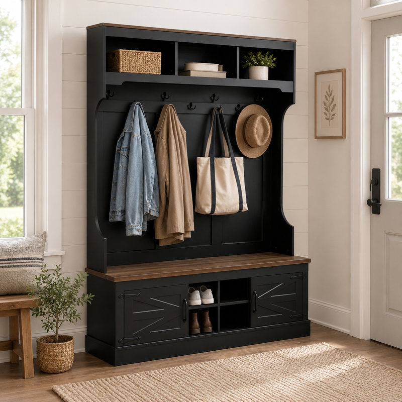 Banc d'arbre de ferme 5 en 1 avec rangement pour chaussures, portemanteaux et crochets, Noir