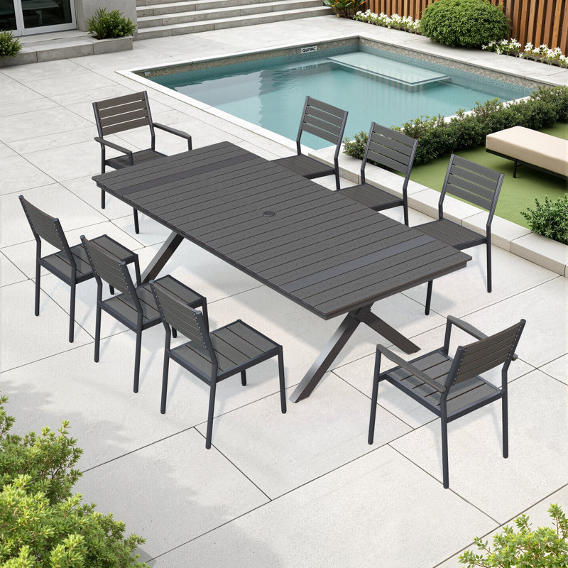 Ensemble de salle à manger pour 8 personnes avec structure en aluminium, trou pour parasol, chaises empilables et sans accoudoirs