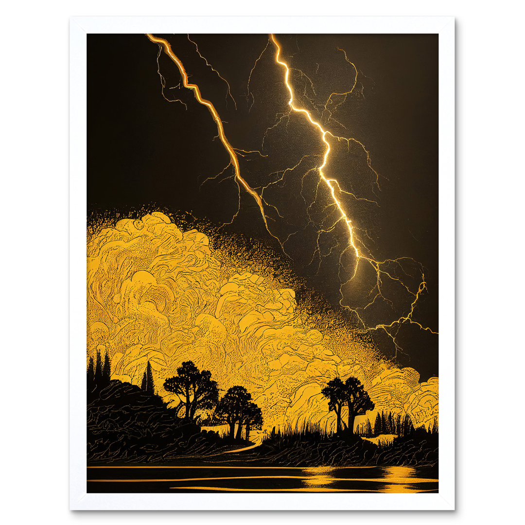 Thunder Storm Lightning Lakeside Tree Silhouette - Print