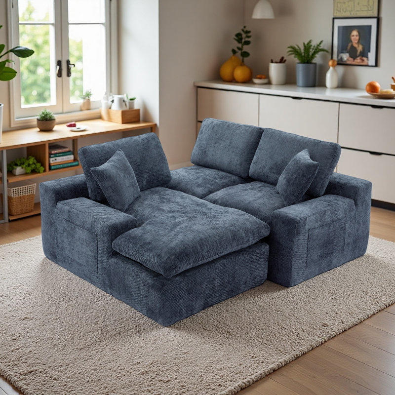 Canapé modulaire 107,9 po avec coussins à double couche, poches latérales et rangement 107 po, Chenille gris foncé