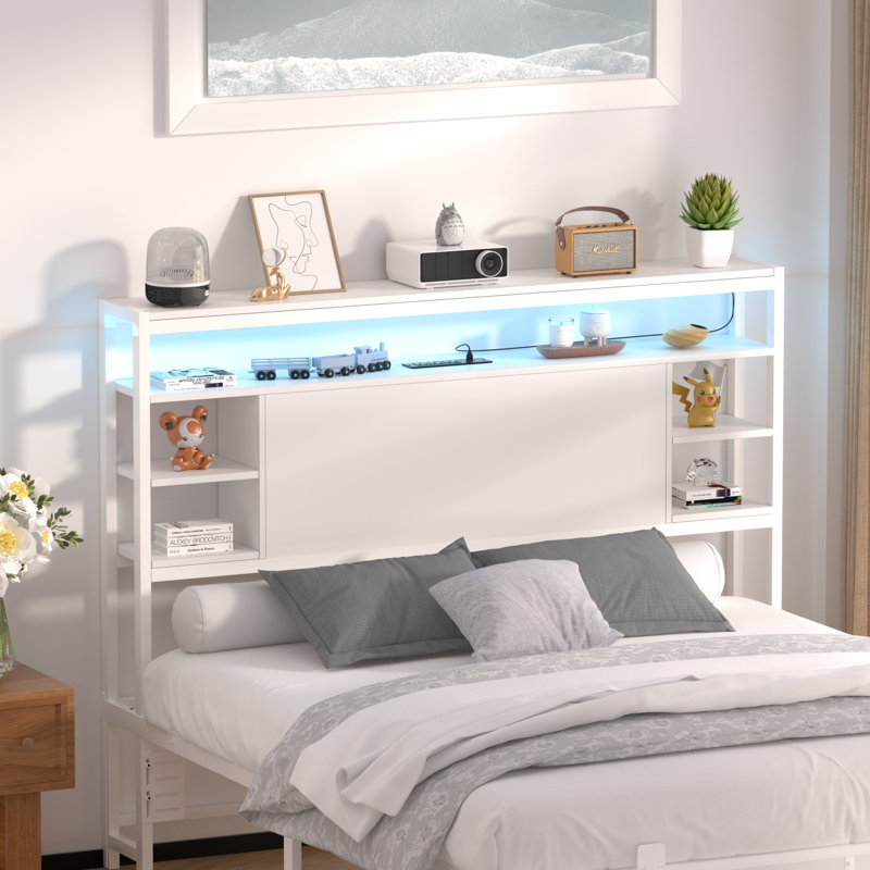 Storage Headboard With LED Lights And Charging Station, Full XL, White