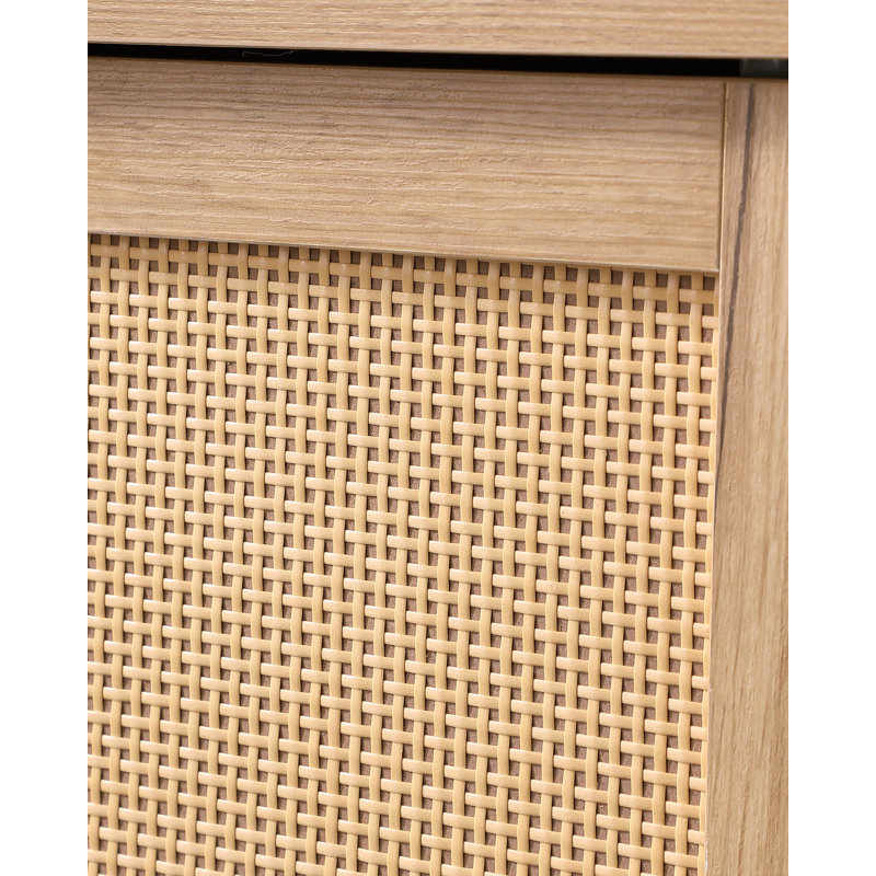 Storage Cabinet with Woven Rattan Doors and Open Shelves