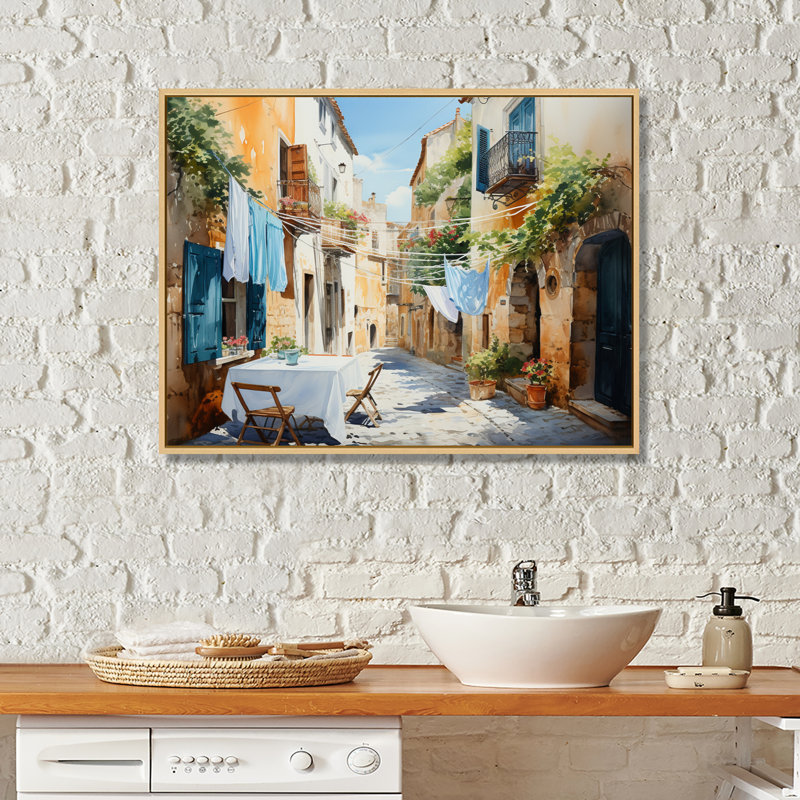 Jour de lessive en Italie I - Art mural, H 30 po x l 40 po x P 1,5 po, Maple Floater Framed