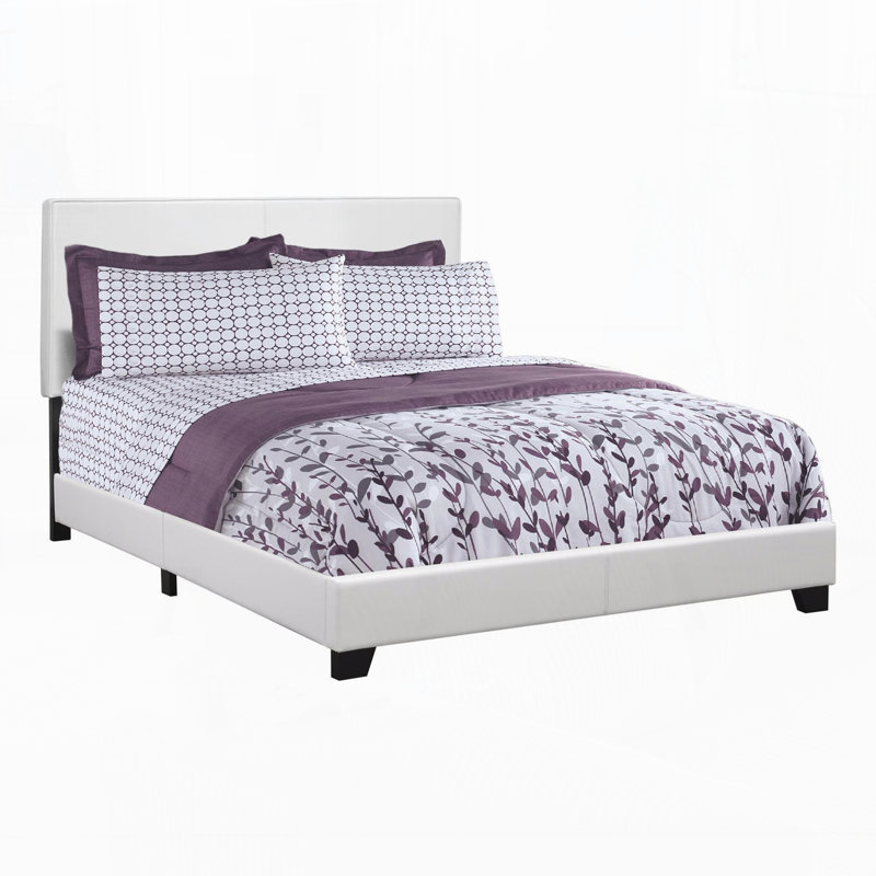 Bed, Transitional Upholstered Bed, Bed Frame, Low Profile Format Platform Bed, Queen, White