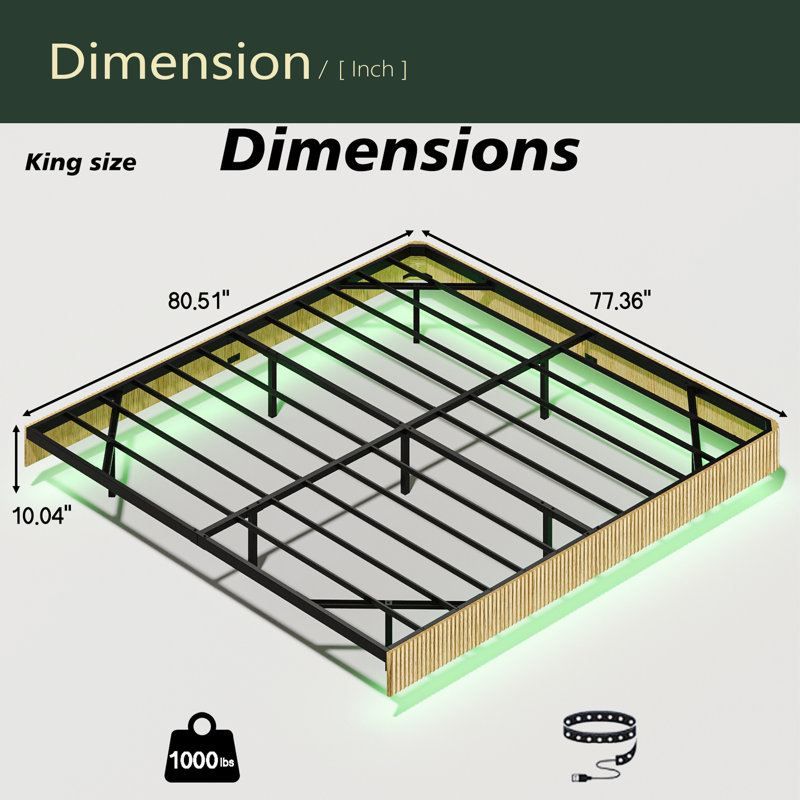 Walnut Floating Bed Frame With LED Lights, King, Oak