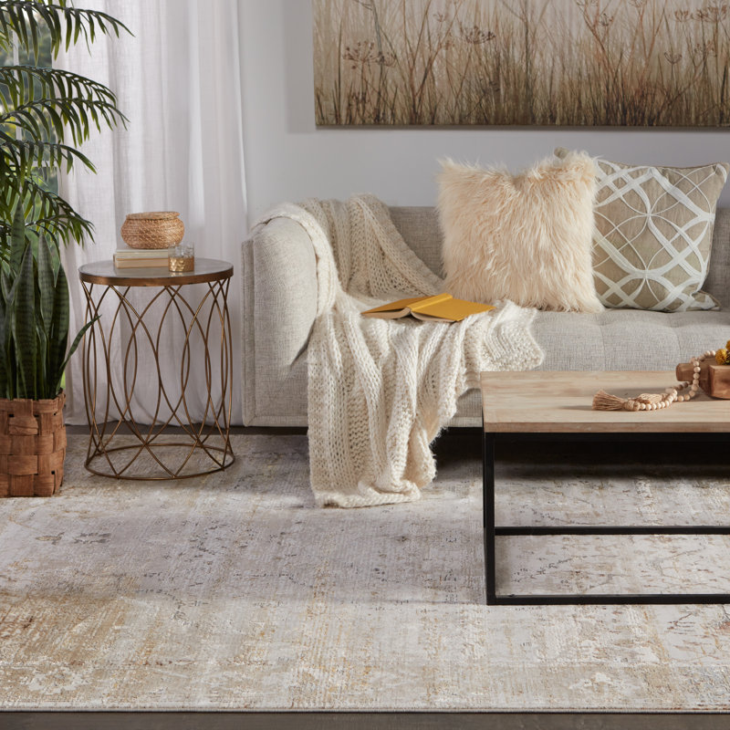 Large Gray and Beige Oriental Viscose Area Rug