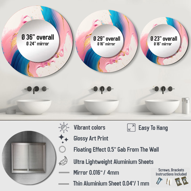 Sidhra Pink And Gold Waves - Abstract Spirals Large Mirror, Pink Round Unique Wall Mirror Decor, Printed Metal Art, 29" x 29"