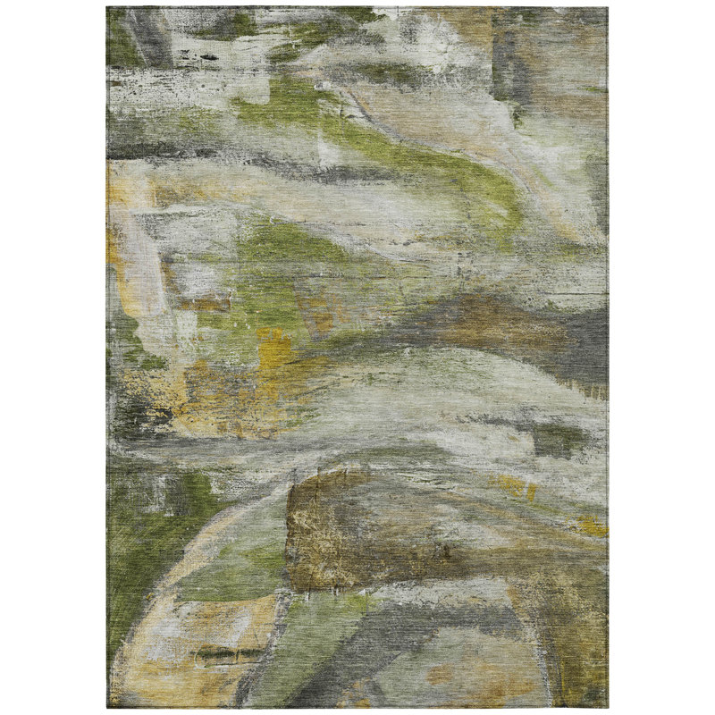 Machine Washable Indoor/Outdoor Xhevrie Olive Rug, Rectangle 3' x 5'
