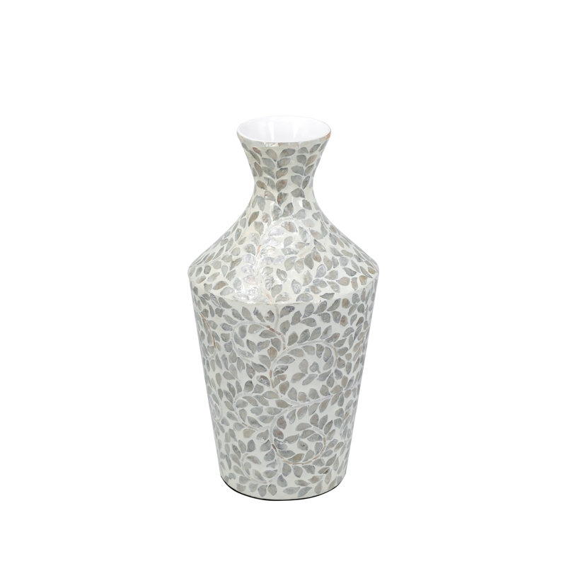 Decorative Paper Powder Vase With Tapered Design And White Floral Capiz Shell Motif, 19.7'' H x 9.8'' W x 9.8'' D