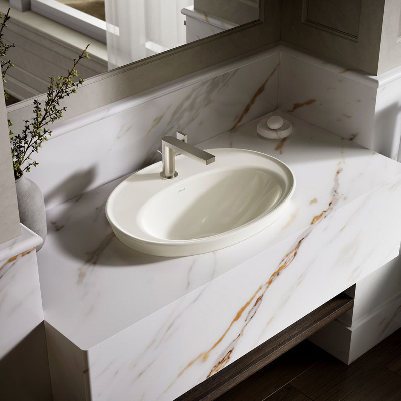 Serif Ceramic Oval Drop-In Bathroom Sink with Overflow, Biscuit, Single