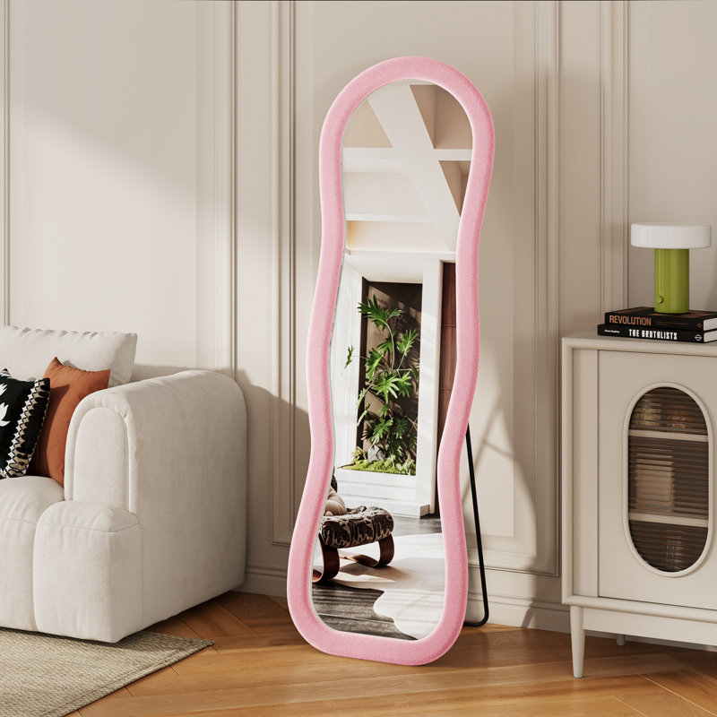 Fabric Leaning and Freestanding Full Length Mirror, Pink, Wavy