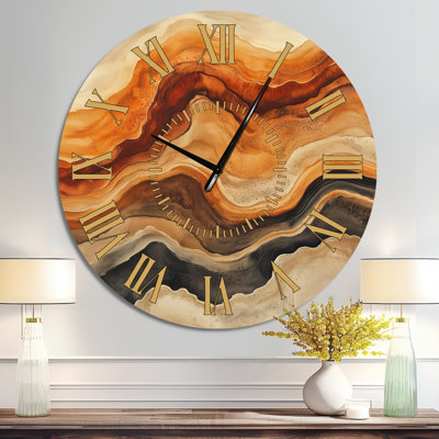 Horloge murale en métal grand format de style Mid-Century, motif abstrait Warm Earth Flow Ink