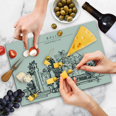 Ambesonne Bali Cutting Board Large Size Indonesia Galugan Building Ivory and Black
