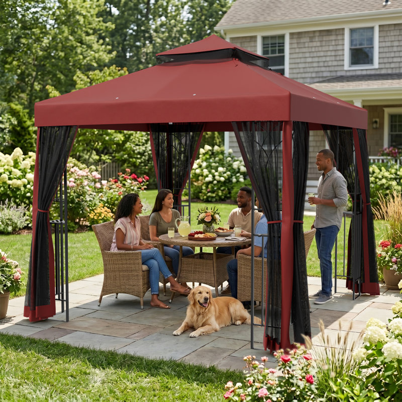 8 Ft. W x 8 Ft. D Steel Frame Vented Soft Top Patio Gazebo with Mesh Netting, Corner Shelves, Red