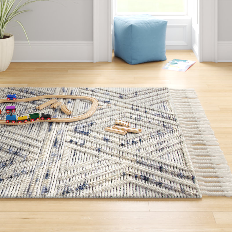Garstang Geometric Hand-Loomed Jute/Sisal/Wool/Cotton Ivory / Blue Area Rug, Rectangle 8' x 10'