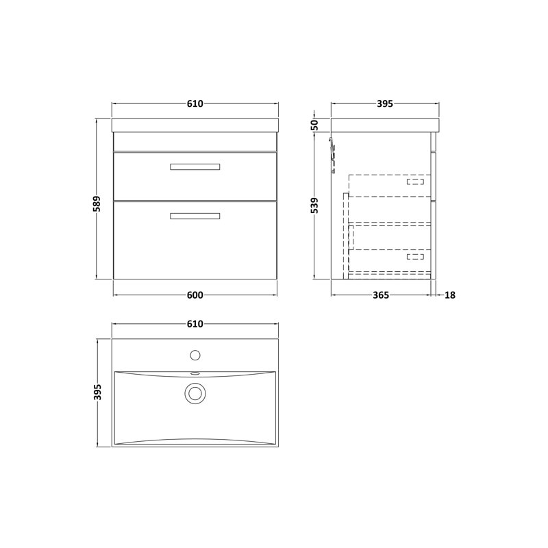 610mm Single Bathroom Vanity with Integrated Ceramic Basin, Gloss White