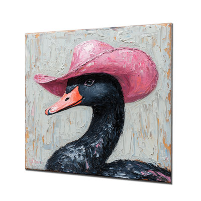 A Black Swan Wearing A Pink Cowboy Hat I - Swans Metal Wall Art, Modern Metal Art Print