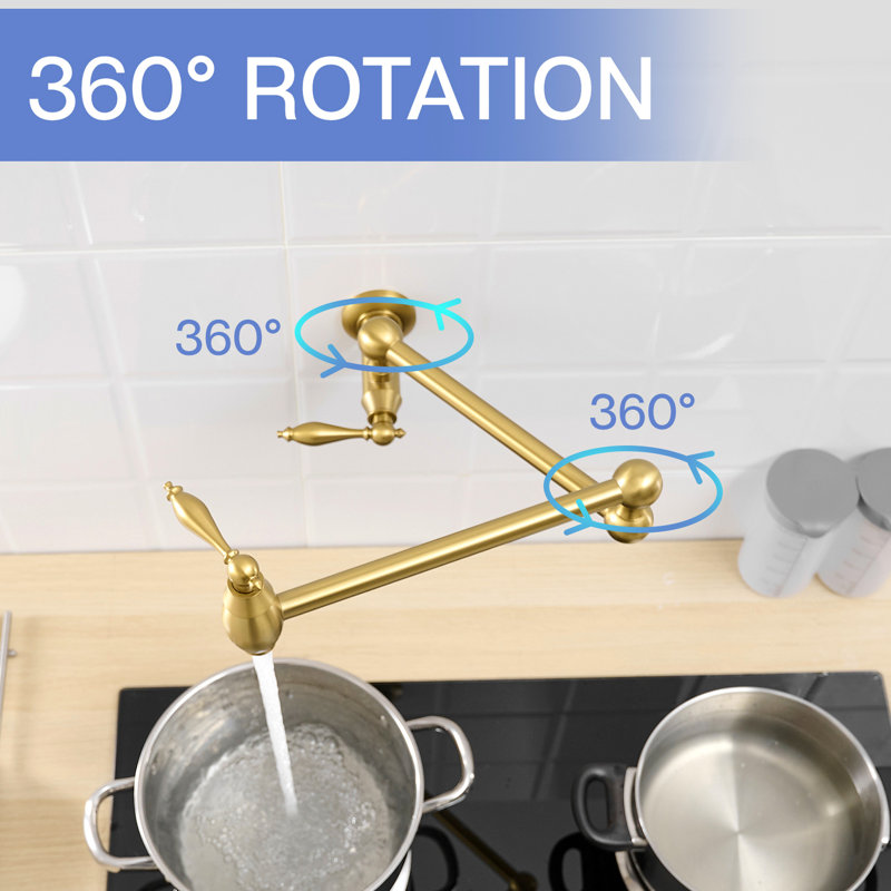 Brushed Gold Kitchen Pot Faucet, Wall Mount Commercial Filler Faucet With Double Joint Swing Arms, Brass Material, Dual Handles, 1Pc Spare Valve In Gold, Folding 360 Rotation Cold Or Hot Water