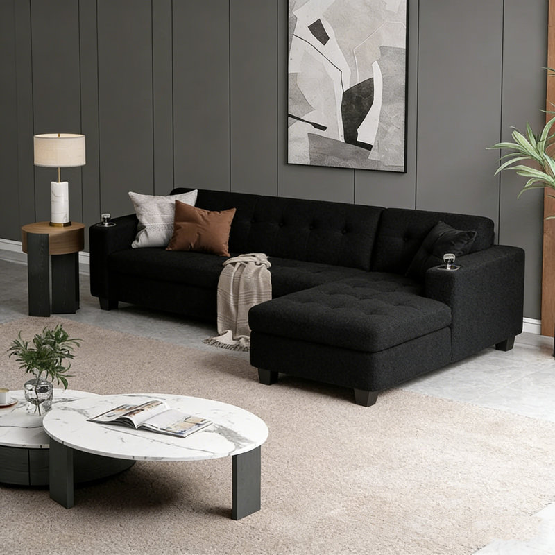 Walberg 97'' Square Arm Sofa Chaise, Black 100% Polyester