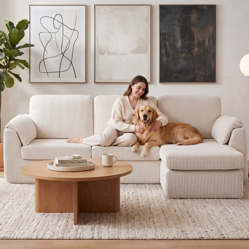 79'' Upholstered Sofa With Ottoman, Beige