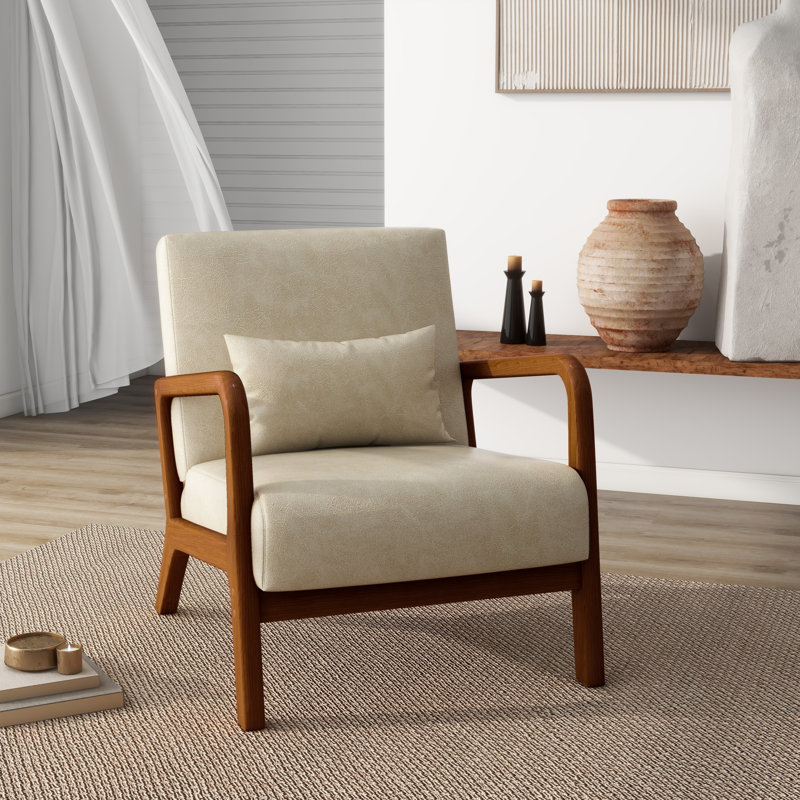 Jyrin 64.5Cm Wide Armchair, Dark Brown Wood, Chanton Cream White Faux Leather