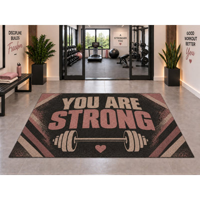 Tapis d'extérieur 5' x 7' « You Are Strong Barbell » Rose Crème Anthracite Motivation Gym, Tapis bouclé en PVC épais et imperméable, Séchage rapide, Tapis d'intérieur/extérieur pour salle de sport, porche, terrasse, entrée.