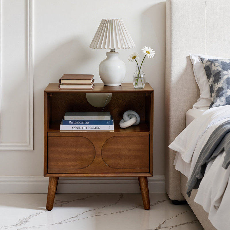 Mid Century Modern Fluted Nightstand With Charging Station, Walnut Finish | Solid Wood Legs & Open Space Design