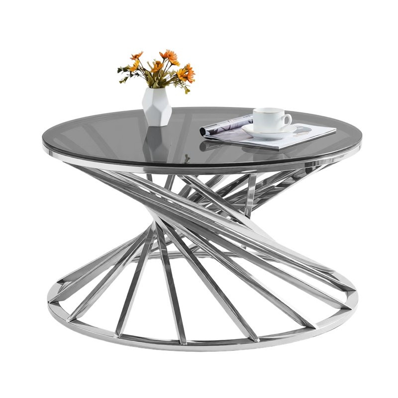 Pedestal 80 CM Round Glass Coffee Table For Stainless Steel Spiral Frame, Silver