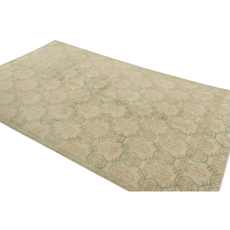 Vintage Distressed Rug, Beige And Green Floral Geometric Pattern - Rug & Kilim