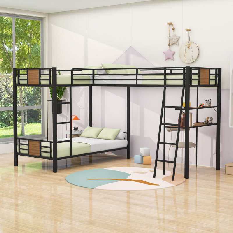 L-Shaped Twin Over Twin And Twin Bunk Bed With Built-In Desk, Ladder And Shelf