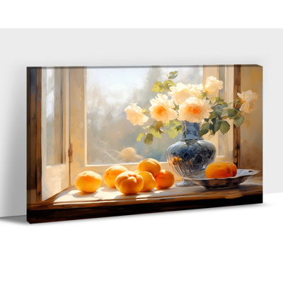 Large Adriany Vintage Kitchen Still Life Peaches and Flowers in Vase, affiche, impression sur toile, art de la salle à manger, encadrée, prête à être suspendue, pour la cuisine, décoration murale, 36 po x 48 po