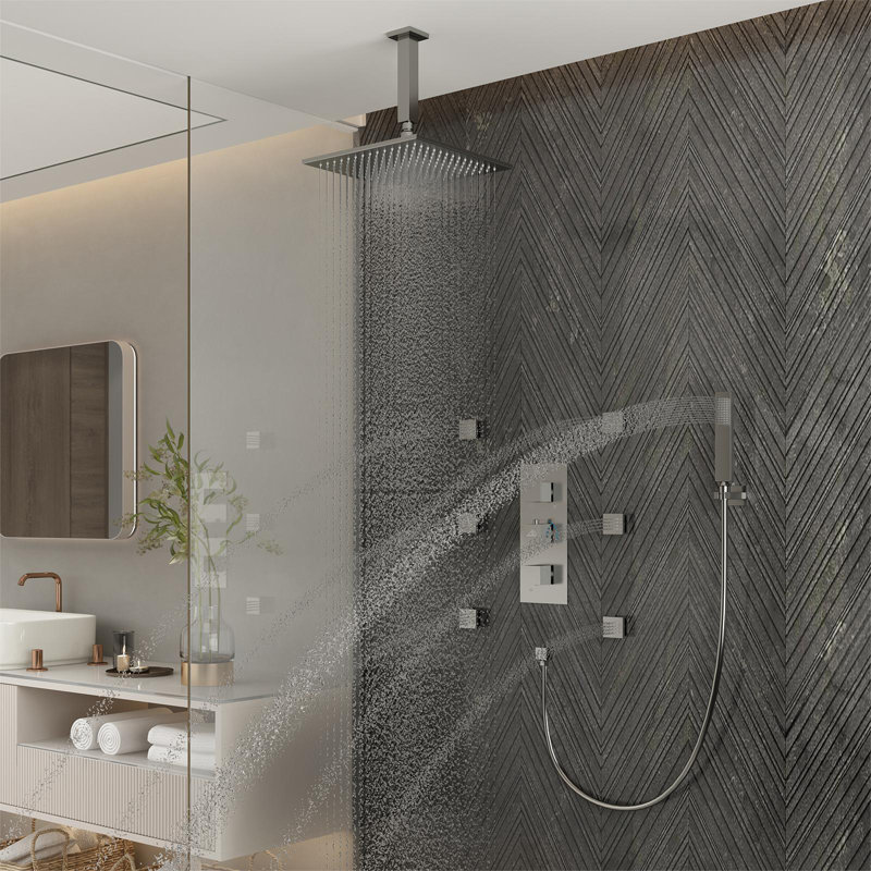 3-Function Luxury Ceiling Mount 12 Inch LED Thermostatic Shower System with 6 Body Jets, Brushed Nickel
