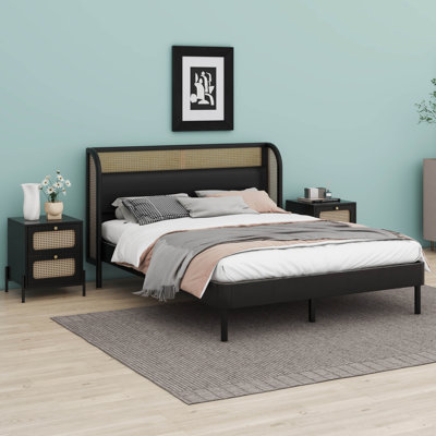 Bullen 3 Pieces Modern Cannage Rattan Platform Queen Bed + Nightstand*2
