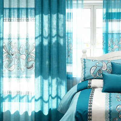 California King Size 9-Piece Turquoise Paisley Bedding & Curtain Set (Cal King) - Quilted Microfiber Bedspread + Sheer Curtains