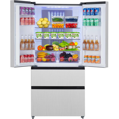 18.75 Cu.Ft French Door Refrigerator, 33Inch Large Capacity Kitchen Refrigerator Full Size Bottom Freezer With 2 Freezer Drawers 2 Doors Adjustable Shelves Automatic Defrost