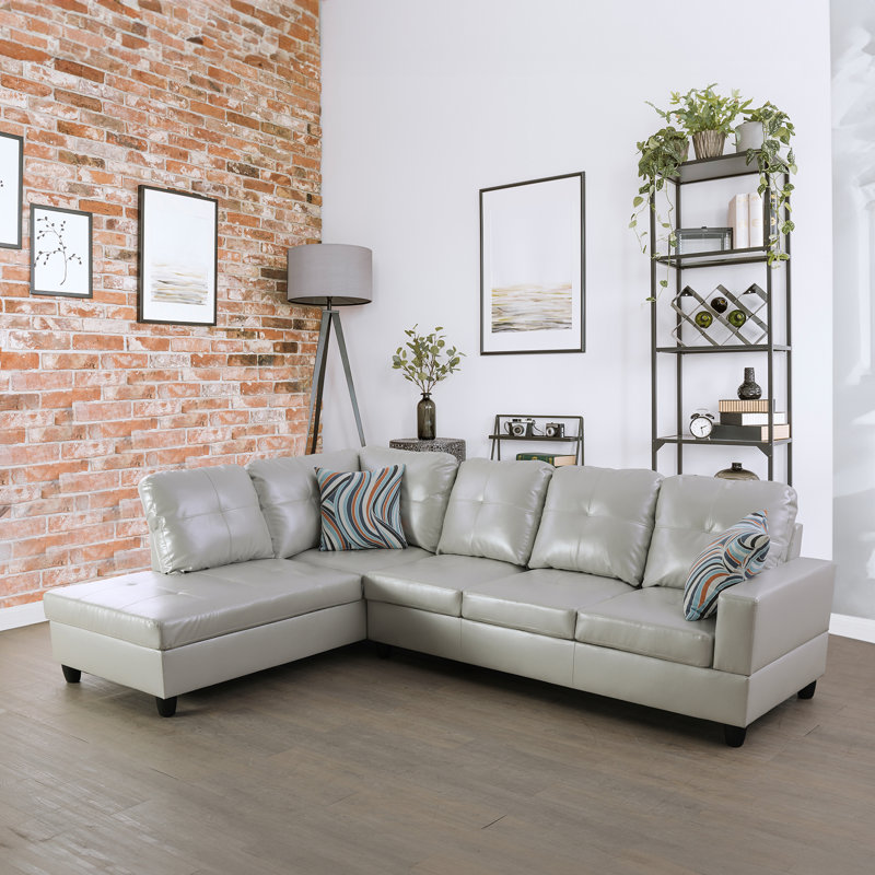 Andrella Faux Leather L-Shaped Sectional, Silver Leather, Left Hand Facing