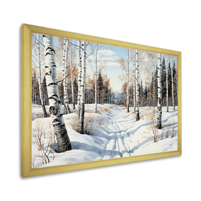 «Winter Birch Wood Forest II - Tree Birch», art mural, Cadre doré à coins fermés, H 16 po x l 32 po x P 1 po