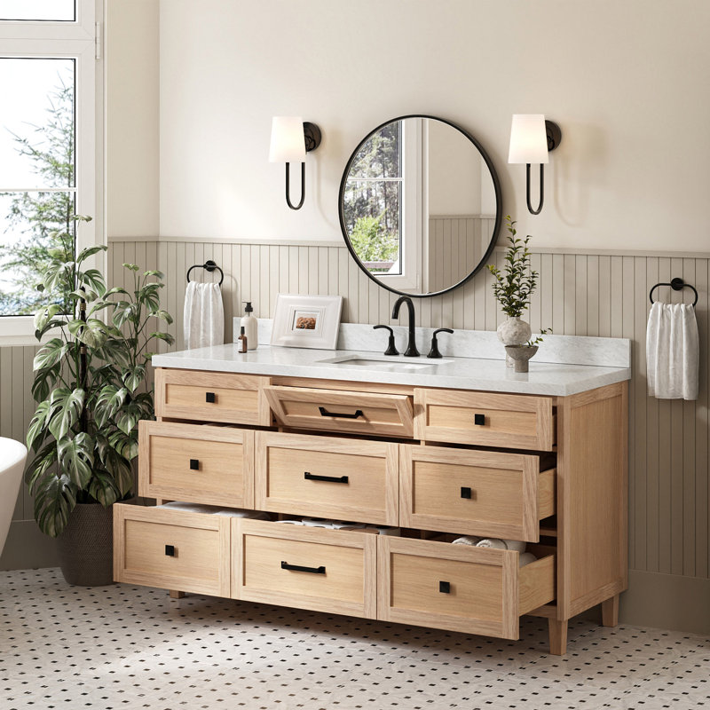 Meuble-lavabo simple en bois massif ARIEL Monroe, Chêne, 48" - 49", Marbre de Carrare italien