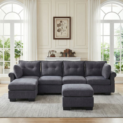 112.2" L-Shaped Sectional Sofa with Ottoman, Gray Cat Scratch Resistant Fabric