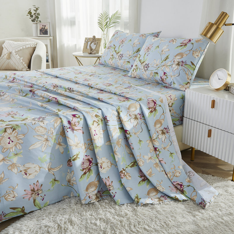 Literie 100 % coton égyptien, 4 pièces, style vintage classique luxueux, motif floral coloré bleu clair, draps doux et respirants, cadeau de Noël.