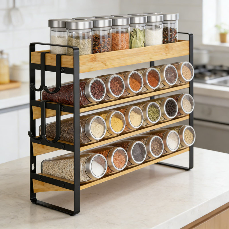 Étagère à épices en bambou à 4 niveaux avec crochets, étagère de rangement de comptoir de cuisine autoportante ou murale pour épices et condiments