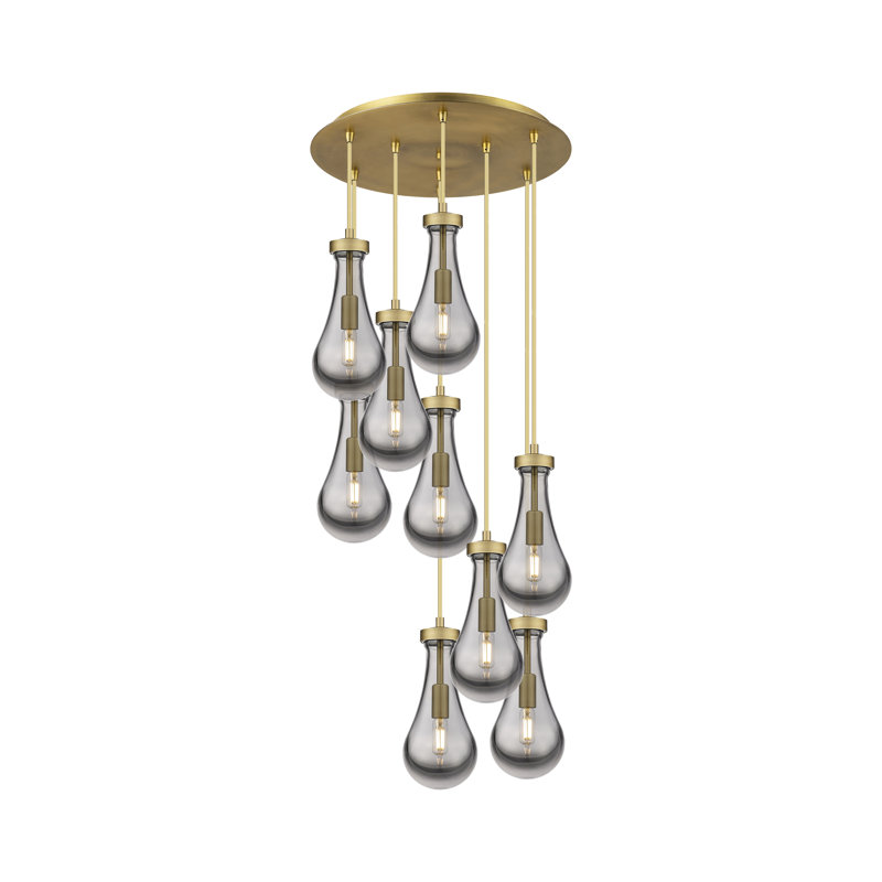 Luminaire suspendu à 9 lumières Rameriz, Laiton brossé, Gris fumée clair