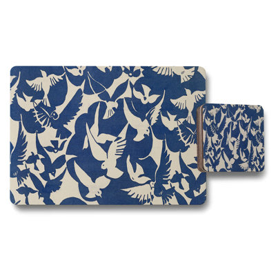 Blue Bird Motif Placemat And Coaster Set Beige Background